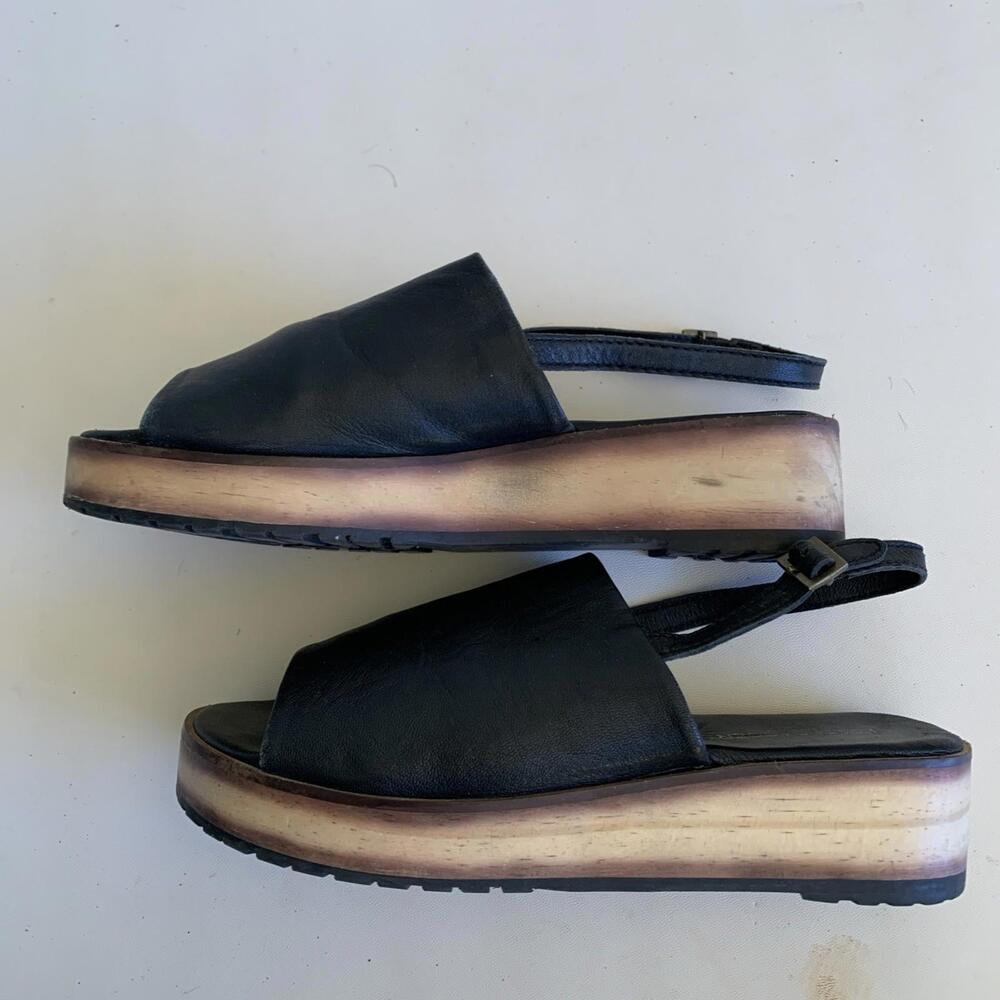 Kelsi dagger Brooklyn sandals wooden platform Genuine Leather Black Sz 9.5 40